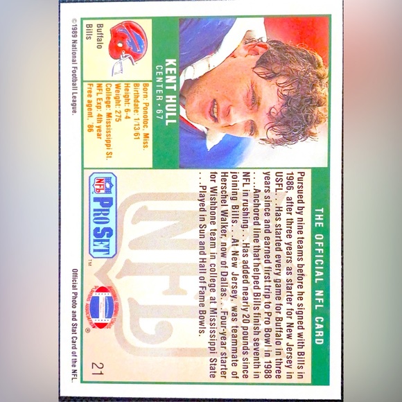 1989 Kent Hull Buffalo Bills Football Card - Pro Set - Picture 2 of 3